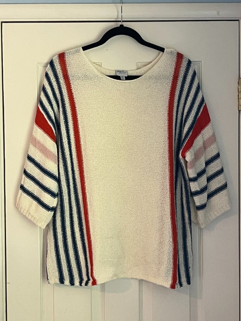 Cozy Company By Cozy Casual White, Red, and Blue Striped Pullover Sweater
